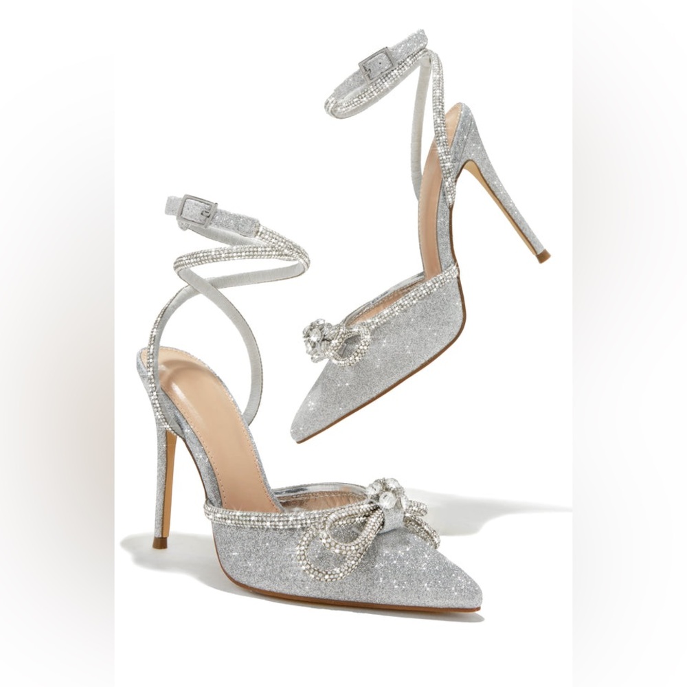 🆕 Women’s Silver Rhinestone Bow Ankle Strap Pumps | Pointed Toe Heels - Picture 5 of 10
